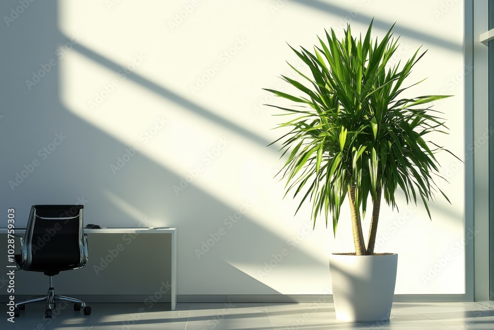 A bright, airy office space with a simple desk, a comfortable chair, and a large potted plant, all set against a white wall, illustrating the essence of minimalist design A bright, airy office space with a simple desk, a comfortable chair, and a large potted plant, all set against a white wall, illustrating the essence of minimalist design