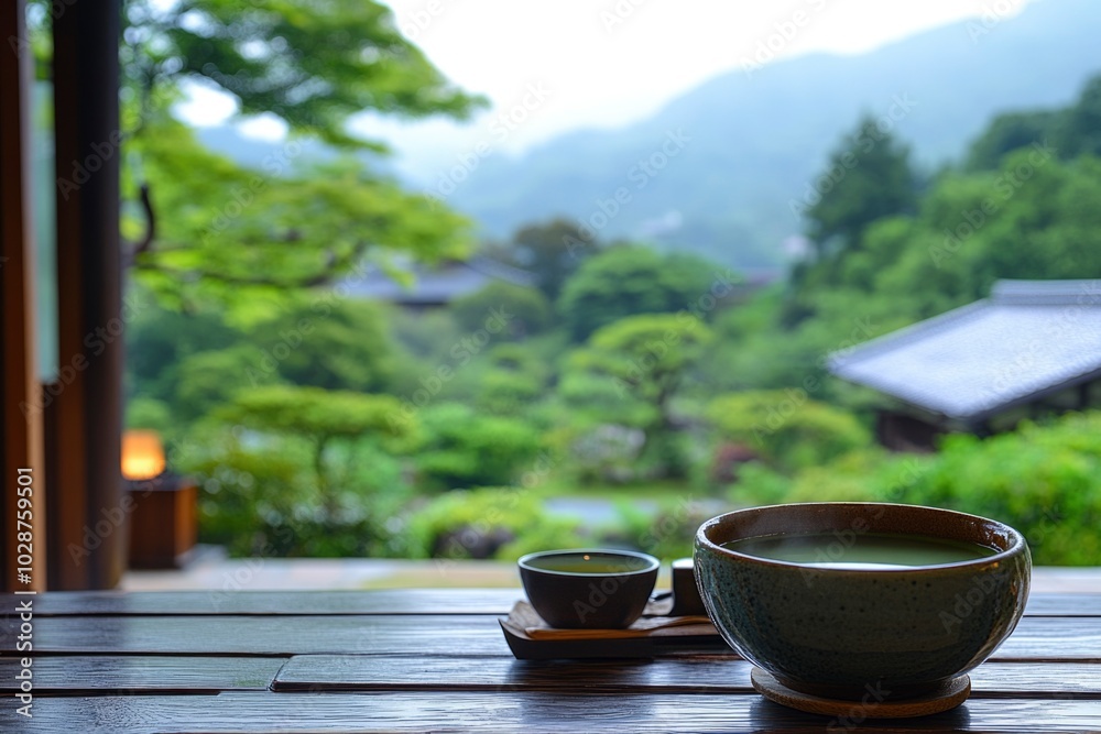 cups with matcha tea in wooden Japanese terrace with beautiful garden view. ai generated cups with matcha tea in wooden Japanese terrace with beautiful garden view. ai generated