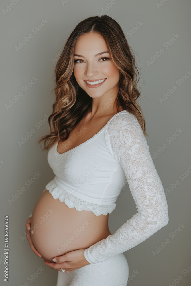 Pregnant woman is smiling and posing for a photo Pregnant woman is smiling and posing for a photo
