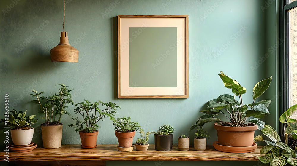 A serene indoor plant display with a framed artwork on the wall. A serene indoor plant display with a framed artwork on the wall.