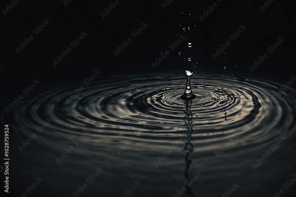 Droplet creating ripples in a dark, serene water surface, capturing the moment of impact. Droplet creating ripples in a dark, serene water surface, capturing the moment of impact.