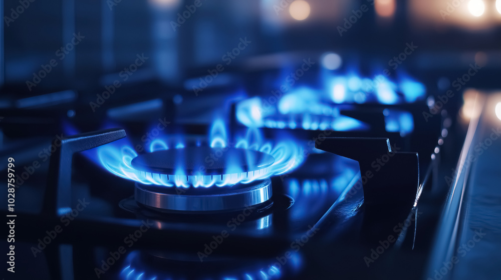 An ignited kitchen gas stove burner with a dancing blue flame An ignited kitchen gas stove burner with a dancing blue flame