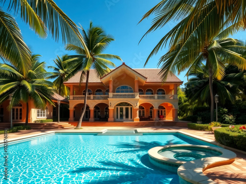 A large house with a pool and palm trees in the background. The house is surrounded by a lush green lawn
