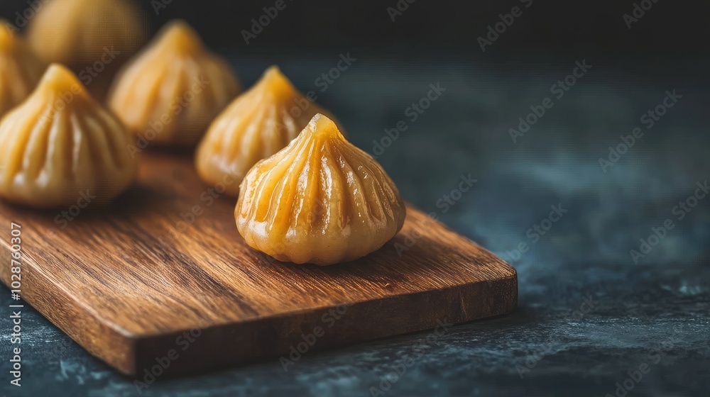 A single modak and laddu placed on a wooden board, close-up shot to show the intricate details and texture of each sweet A single modak and laddu placed on a wooden board, close-up shot to show the intricate details and texture of each sweet