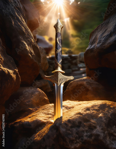 Legendary sword in the stone is emitting rays of light, creating a magical and mystical atmosphere