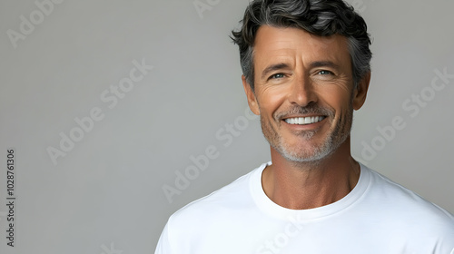 Smiling man with gray hair in a white shirt against a neutral background.