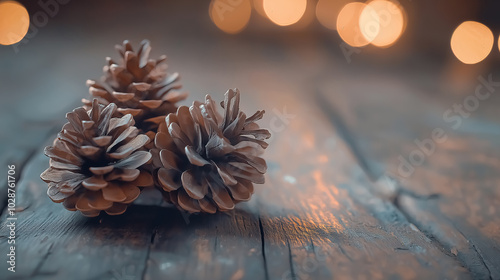 A collection of pine cones beautifully arranged on a rustic wooden background photo