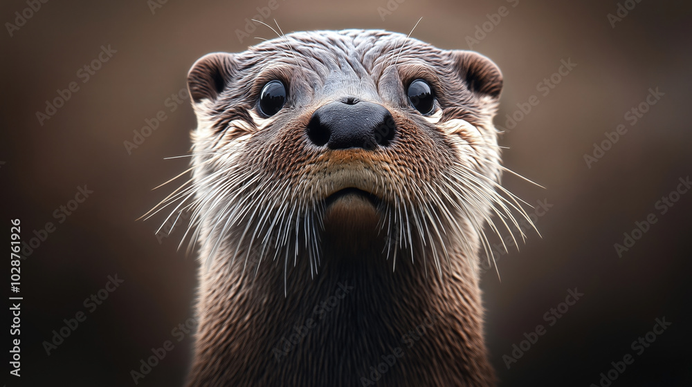 Close-up portrait of an otter with detailed fur and whiskers against a soft blurred background Close-up portrait of an otter with detailed fur and whiskers against a soft blurred background