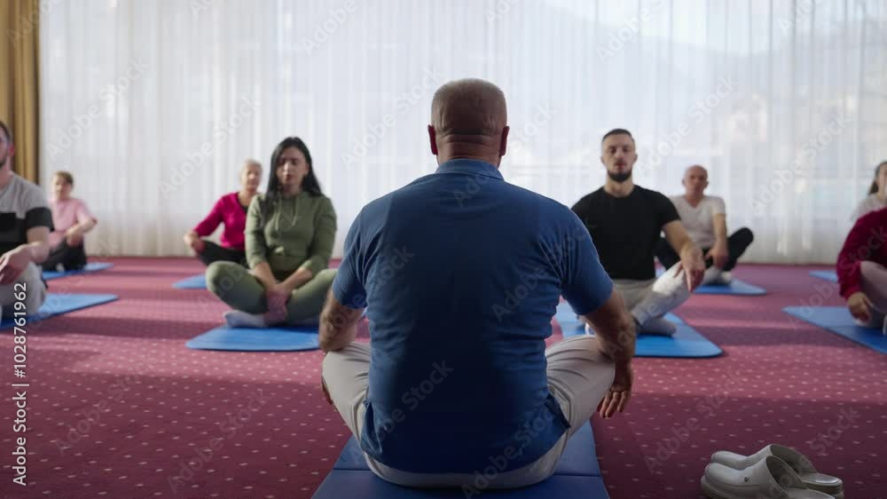 Fitness Instructor Leads a Breathing Exercise for Group of Caucasian People. Concept of Deep Breath, Relaxation, Mindfulness, Meditation, Yoga, Healthy Lifestyle, Harmony, Focus, Well-being, Wellness