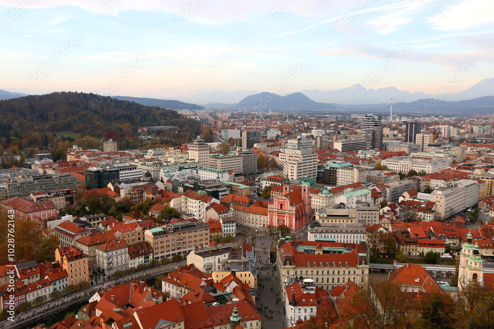 Aerial view of central Ljubljana, capital of  Slovenia, from Ljubljana Castle. Autumn in the picturesque city.