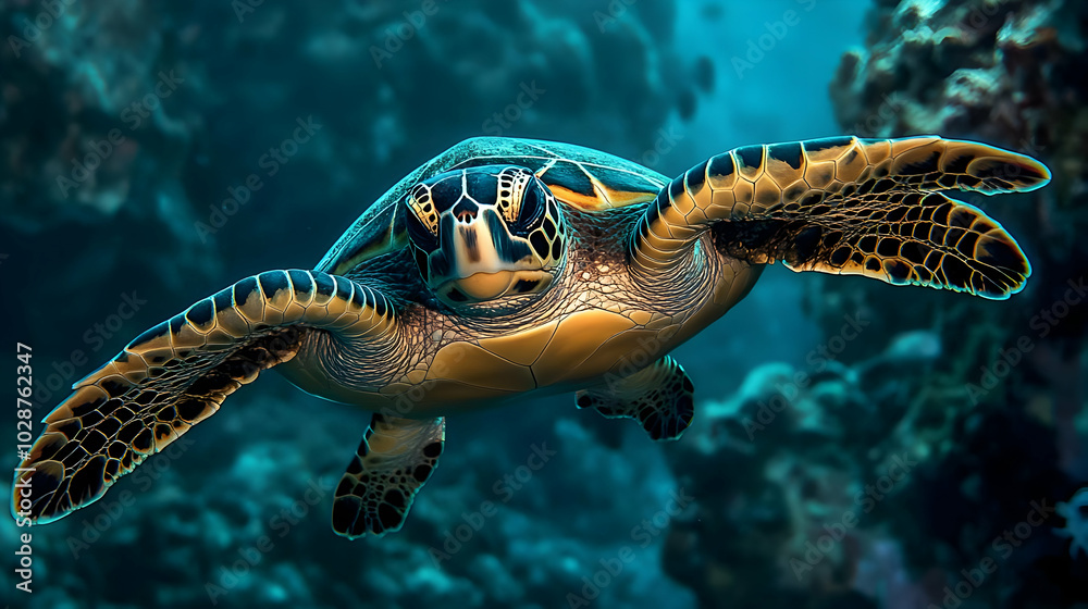 Fototapeta premium A sea turtle gracefully swimming through a vibrant underwater landscape.