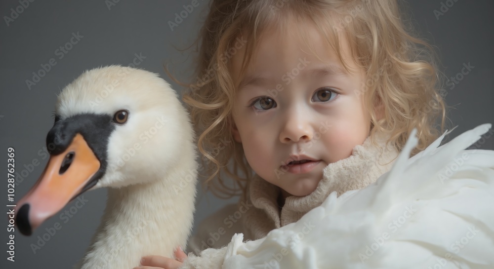 Zoe - Curious Blonde Toddler Girl with Swan, Animal Interaction Zoe - Curious Blonde Toddler Girl with Swan, Animal Interaction