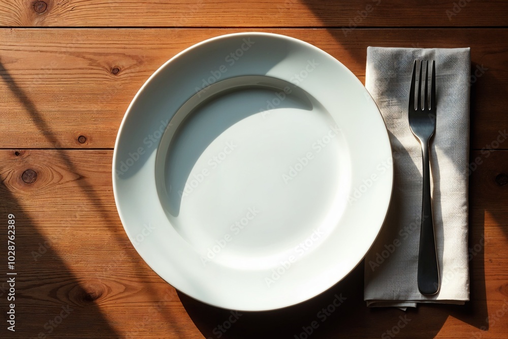 White ceramic plate with a neatly folded gray napkin and cutlery set on a rustic wooden table. White ceramic plate with a neatly folded gray napkin and cutlery set on a rustic wooden table.