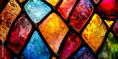 Vibrant stained glass captures light in a colorful dance. Each piece creates a unique pattern. Perfect for art, architecture, or design themes. Elegant and striking. AI