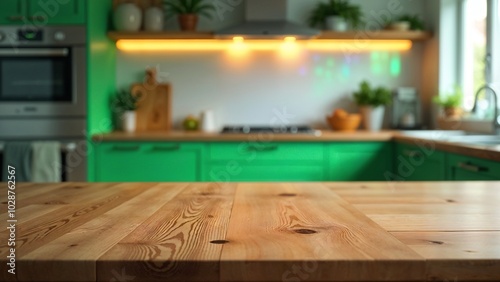 Modern kitchen with green cabinets, wooden countertop, and ambient lighting.