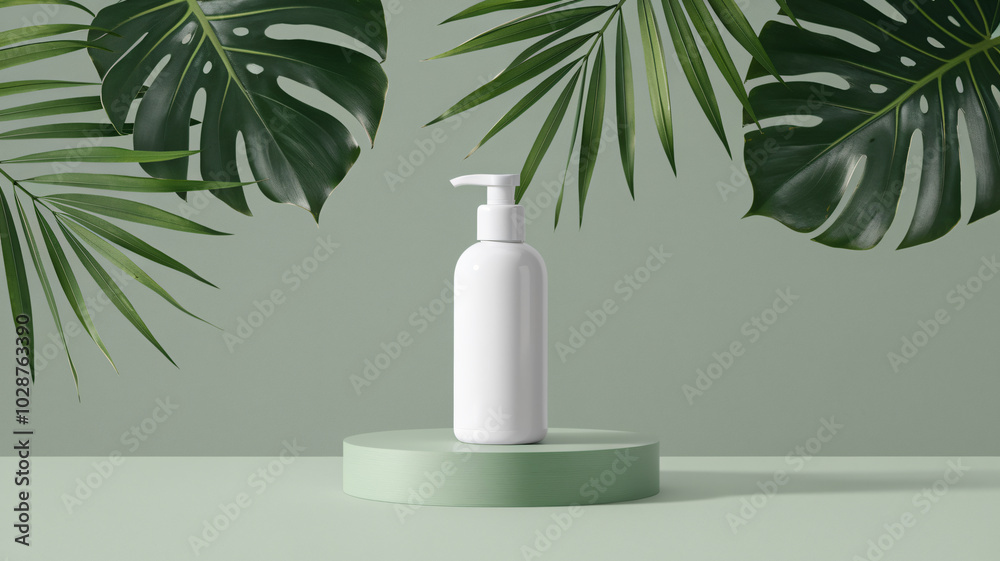 Elegant shampoo bottle with press cap, healthy hair every day, deeply nourishing and moisturizing Light green leaves background, nature Elegant shampoo bottle with press cap, healthy hair every day, deeply nourishing and moisturizing Light green leaves background, nature