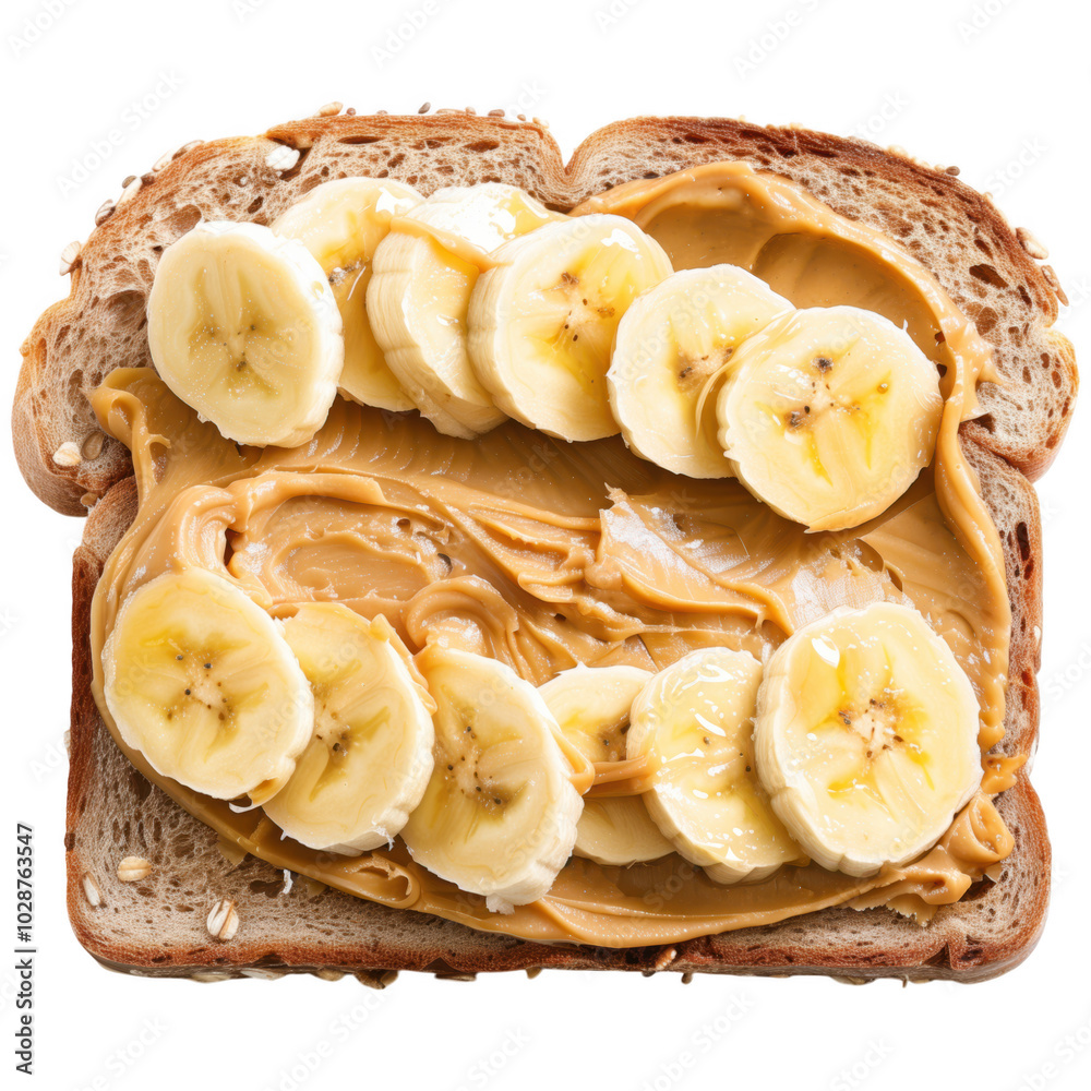 A slice of bread with banana slices and peanut butter on top A slice of bread with banana slices and peanut butter on top