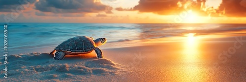 Sea turtle protection: Female turtle lays eggs on the beach A pregnant sea turtle laboriously makes its way to the sandy beach to lay its eggs as the sunset colors the sky. banner photo