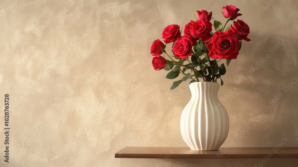 Naklejka premium Red Roses in a White Vase on a Wooden Shelf Against a Tan Wall