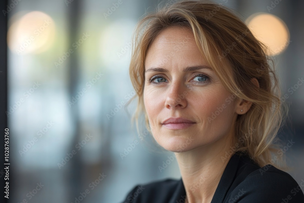 Business woman in her 40's looks away thoughtfully in an office, Generative AI Business woman in her 40's looks away thoughtfully in an office, Generative AI