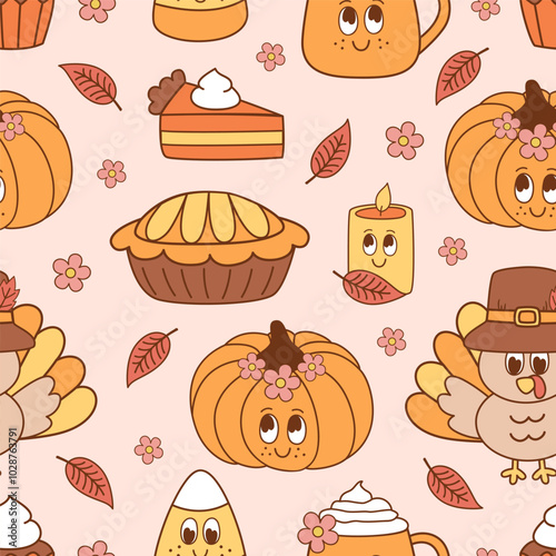 seamless pattern with cute  cute thanksgiving elements
