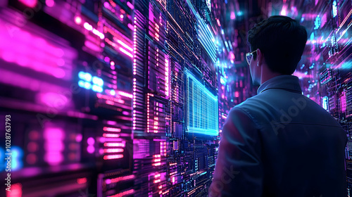 A person observing vibrant digital data in a futuristic setting.