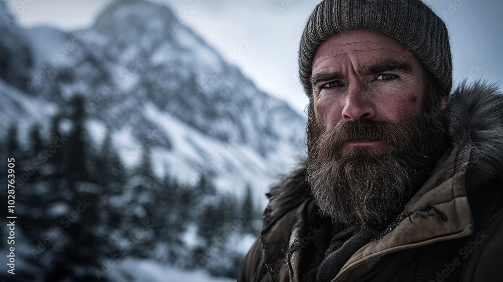 Intense Portrait of a Man in Winter Mountains Intense Portrait of a Man in Winter Mountains