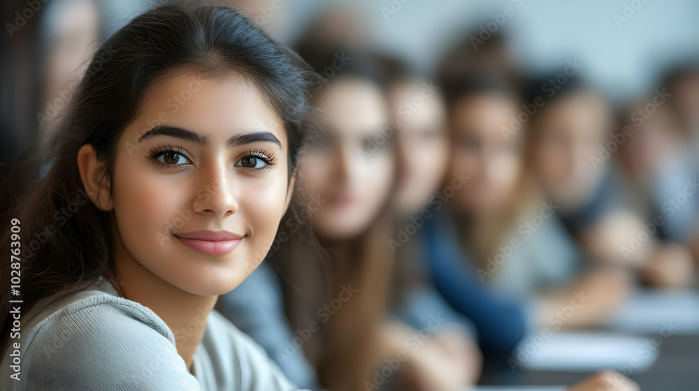 A young woman smiles in a classroom filled with peers.
