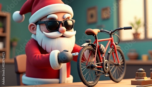 Santa Claus, with tools in hand, works on assembling a red bicycle in a workshop. His focus and attention to detail show him preparing a perfect gift for the holiday season.