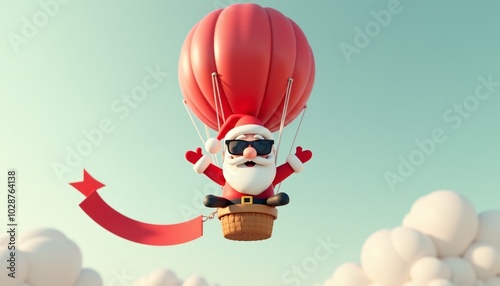 Santa Claus flies high in a red hot air balloon, holding onto a ribbon banner. The cheerful scene captures Santa on an exciting holiday adventure in the sky.