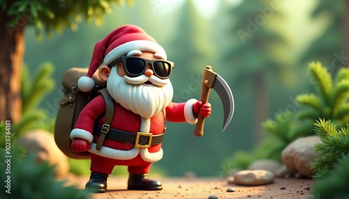 Santa Claus embarks on a hiking adventure through a lush forest, carrying a backpack and holding a hiking tool. This scene blends holiday spirit with an outdoor wilderness vibe.