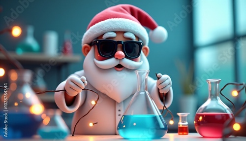 Santa Claus in a laboratory setting, holding fairy lights while experimenting with colorful liquids. A unique blend of holiday magic and scientific discovery.