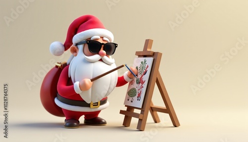 Santa Claus paints on an easel, creating festive holiday art. This creative scene shows Santa getting artistic as he adds his touch to Christmas decorations.