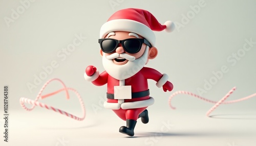 Santa Claus is joyfully running with a candy cane while wearing sunglasses, spreading holiday cheer in a playful and energetic festive scene.