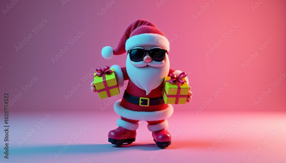 Santa Claus roller-skates while holding two brightly wrapped presents. The playful scene captures the fun and excitement of Christmas gift-giving on the move. Santa Claus roller-skates while holding two brightly wrapped presents. The playful scene captures the fun and excitement of Christmas gift-giving on the move.