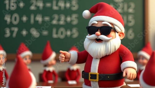 Santa Claus, acting as a teacher, instructs a class of elves, standing confidently before a chalkboard filled with math equations, preparing them for the busy holiday season.