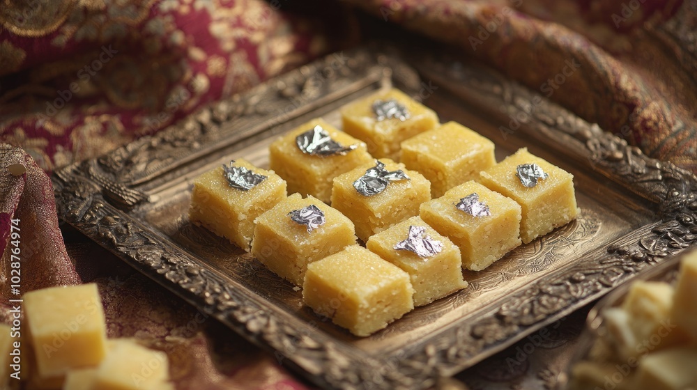 Almond Burfi pieces arranged neatly on a tray, garnished with silver foil, set against a backdrop of traditional Indian textiles Almond Burfi pieces arranged neatly on a tray, garnished with silver foil, set against a backdrop of traditional Indian textiles
