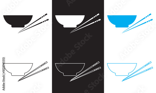 Cartoon bowl and eating chopsticks or Chinese chopsticks. In Chinese,  Food, sushi, noodles. Thai, Japanese or Asian cuisine. Restaurant tools. Vector illustration . EPS 10