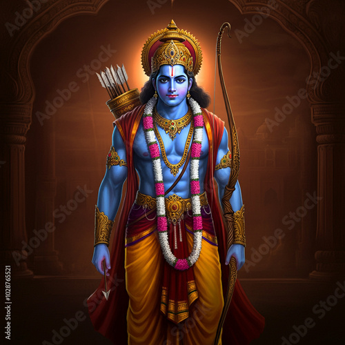 Lord Rama standing strong with a bow, ready for battle, symbolizing righteousness and divine strength