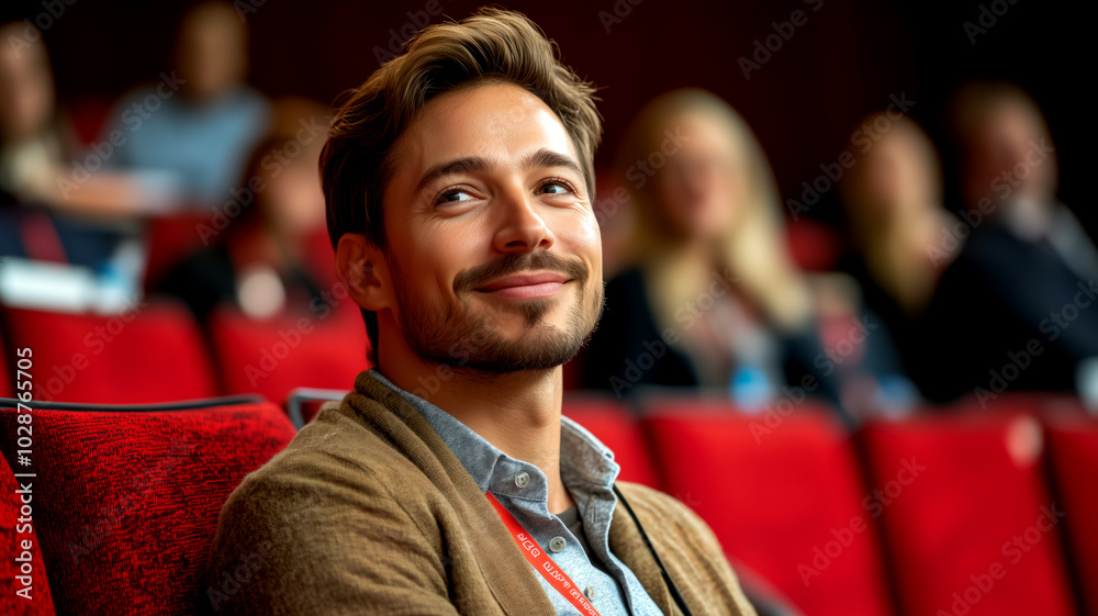 Fototapeta premium Engaged man smiling during a conference presentation