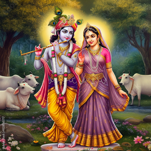 Krishna and Radha walking together, surrounded by cows in a pastoral scene, with Krishna playing the flute