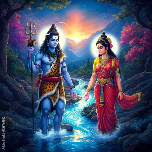 Lord Shiva and Goddess Parvati walking together, surrounded by divine light and energy in a vibrant, mystical landscape photo
