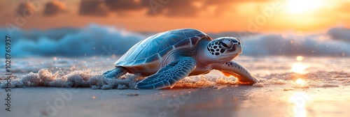 Sea turtle protection: Female turtle lays eggs on the beach A pregnant sea turtle laboriously makes its way to the sandy beach to lay its eggs as the sunset colors the sky. photo