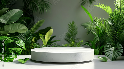 A minimalist display platform surrounded by lush green plants.