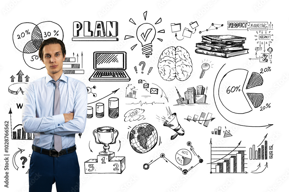 Businessman in formal attire standing arms crossed, surrounded by sketched charts, graphs, and strategy icons on a white background. Concept of business planning and success Businessman in formal attire standing arms crossed, surrounded by sketched charts, graphs, and strategy icons on a white background. Concept of business planning and success