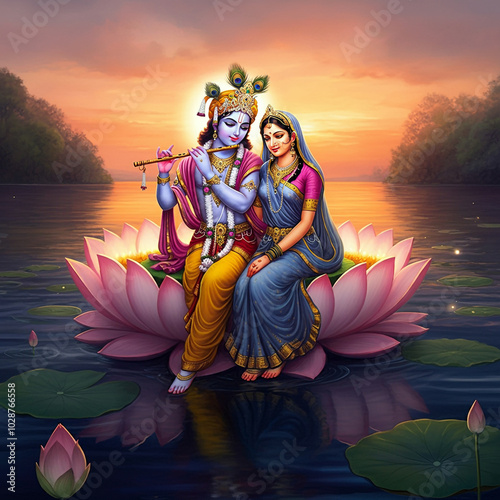 Radha and Krishna sitting on a lotus in the water, enjoying a peaceful sunset together