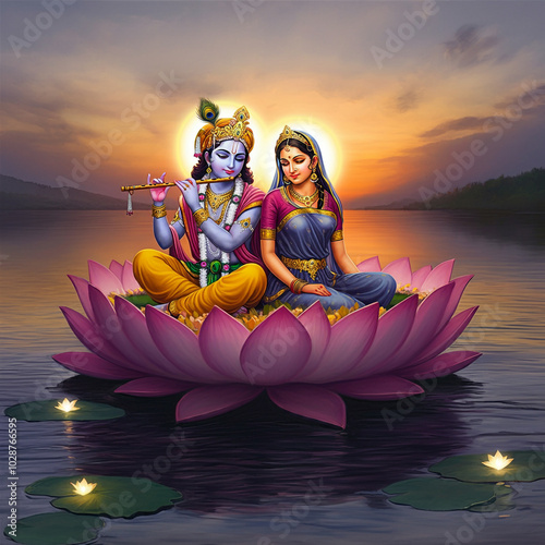 Radha and Krishna on a lotu...