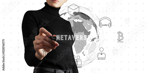 A woman in black interacts with a virtual metaverse hologram. Global icons, b...