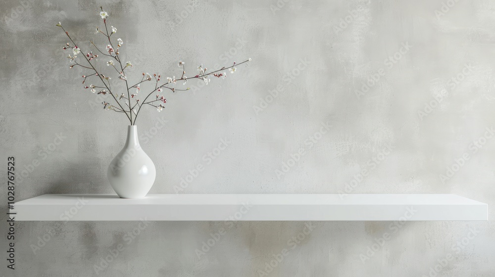 Obraz premium White Shelf with a Vase of Blooming Branches Against a Textured Wall