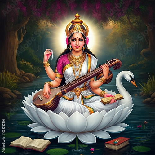 Goddess Saraswati on a lotu...